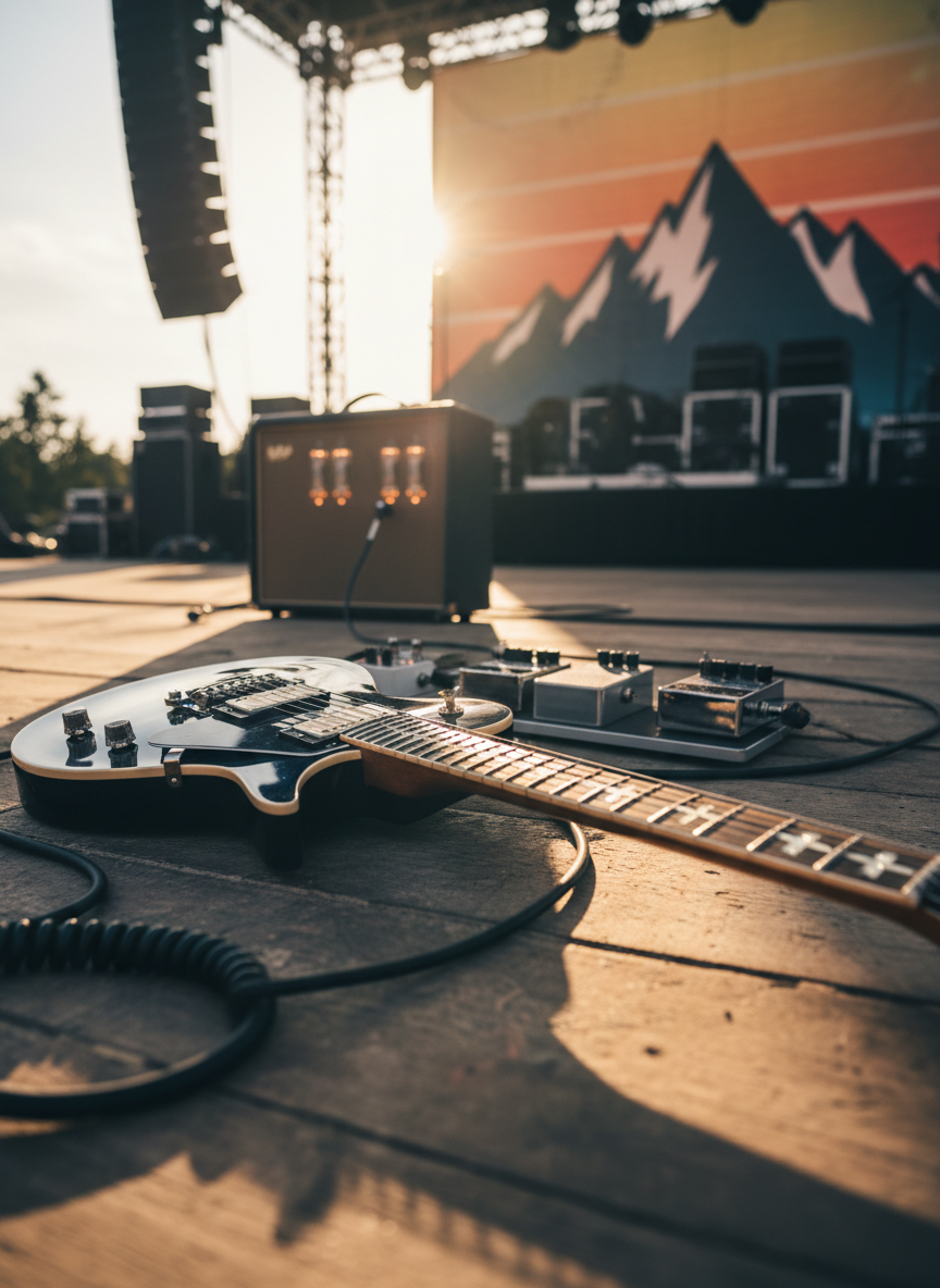 An intricately detailed electric guitar with a deep midnight-blue finish and subtle cross-shaped inlays along the fretboard rests on a rugged stage floor of dark, scuffed hardwood. Nearby, a vintage-style amplifier with glowing tubes hums softly, and a coiled cable snakes toward a row of gleaming effects pedals. In the background, tall speaker stacks and a stylized mountain silhouette backdrop suggest a live Christian rock set. Dramatic golden hour lighting streams from behind, creating halo-like rim light along the guitar’s curves and casting long, bold shadows. Photographic realism, low-angle composition, and shallow depth of field emphasize power, worship, and anticipation before a soaring mountaintop performance.