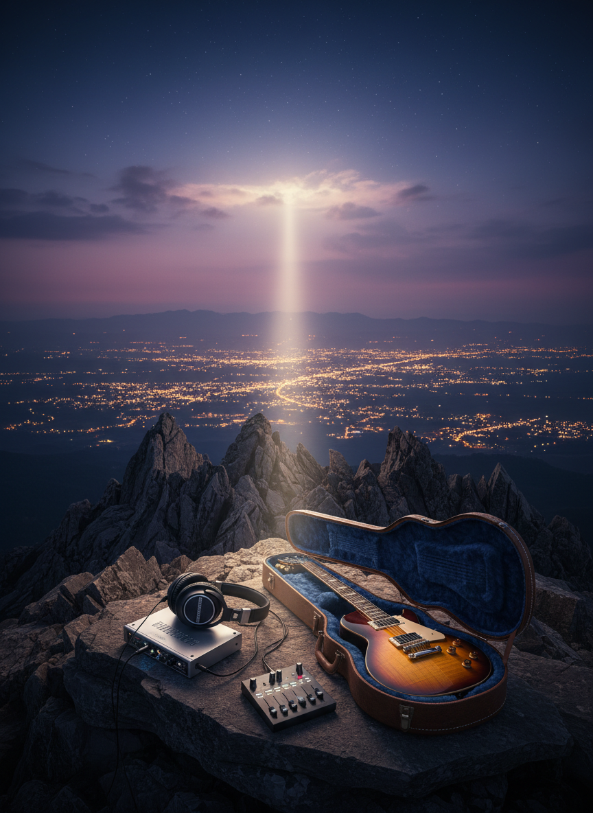 A rugged mountaintop at twilight with jagged rocks in the foreground, where a powerful pair of studio headphones rests on a portable audio interface and compact mixing controller. An open, weathered guitar case sits beside them, revealing a sunburst electric guitar nestled inside. Below, in the valley, a distant town glows with tiny lights, while the sky transitions from deep blue to purple with a faint band of stars. A subtle, ethereal beam of light suggests a divine presence. Photographic realism with a wide, cinematic composition and gentle vignetting creates a bold yet reverent mood, symbolizing Christian music broadcasting from the heights to listeners below.